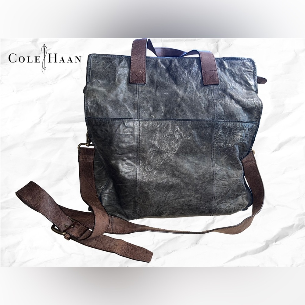 Cole Haan Distressed Black and Brown Leather Tote